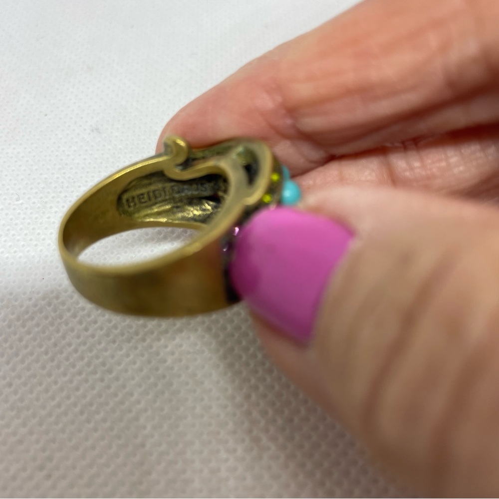 Heidi Daus Signed Turquoise Gold Tone Gold Green Purple Statement Ring, Sz 10 - Picture 5 of 7